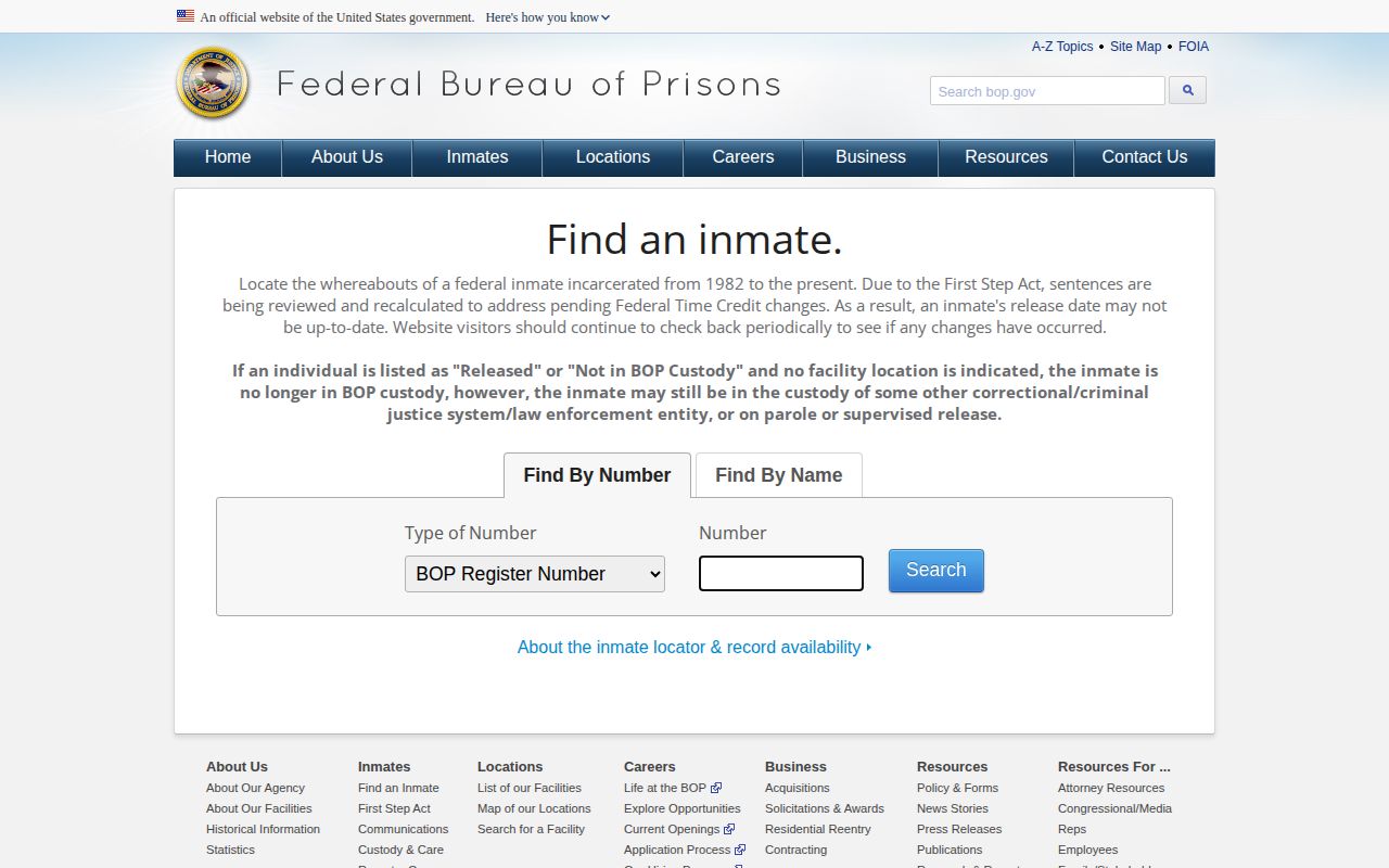 Federal Bureau of Prisons release lookup fields for a Brooks County federal case