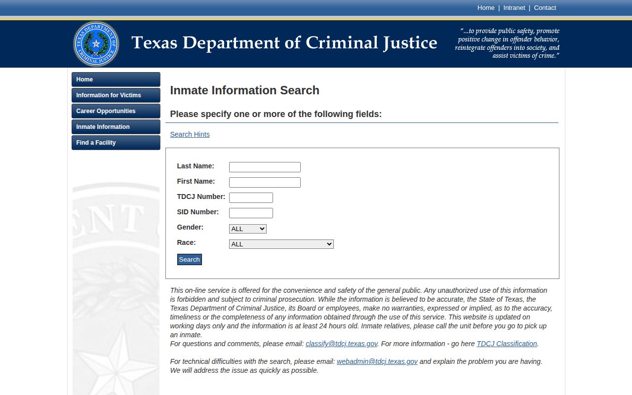 TDCJ search fields for Brooks County released inmate lookup