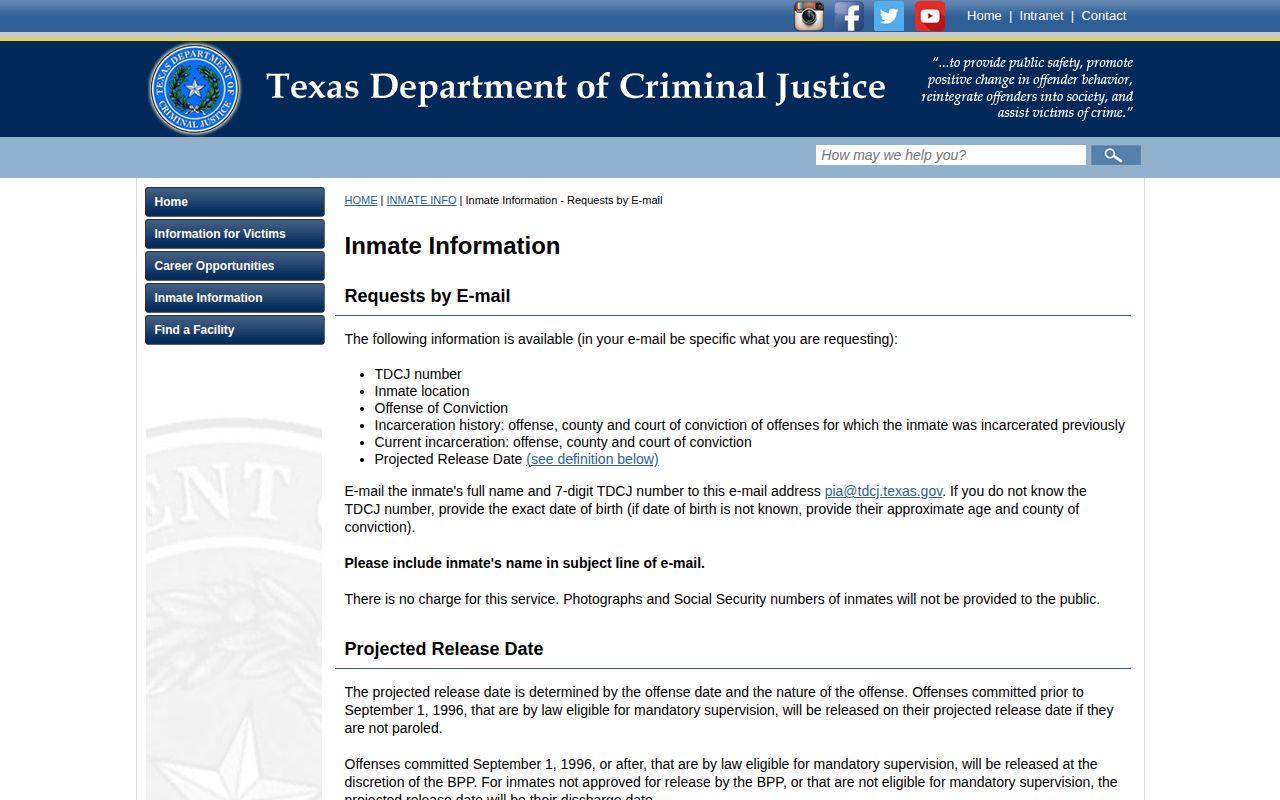 Brooks County projected release date fields from TDCJ