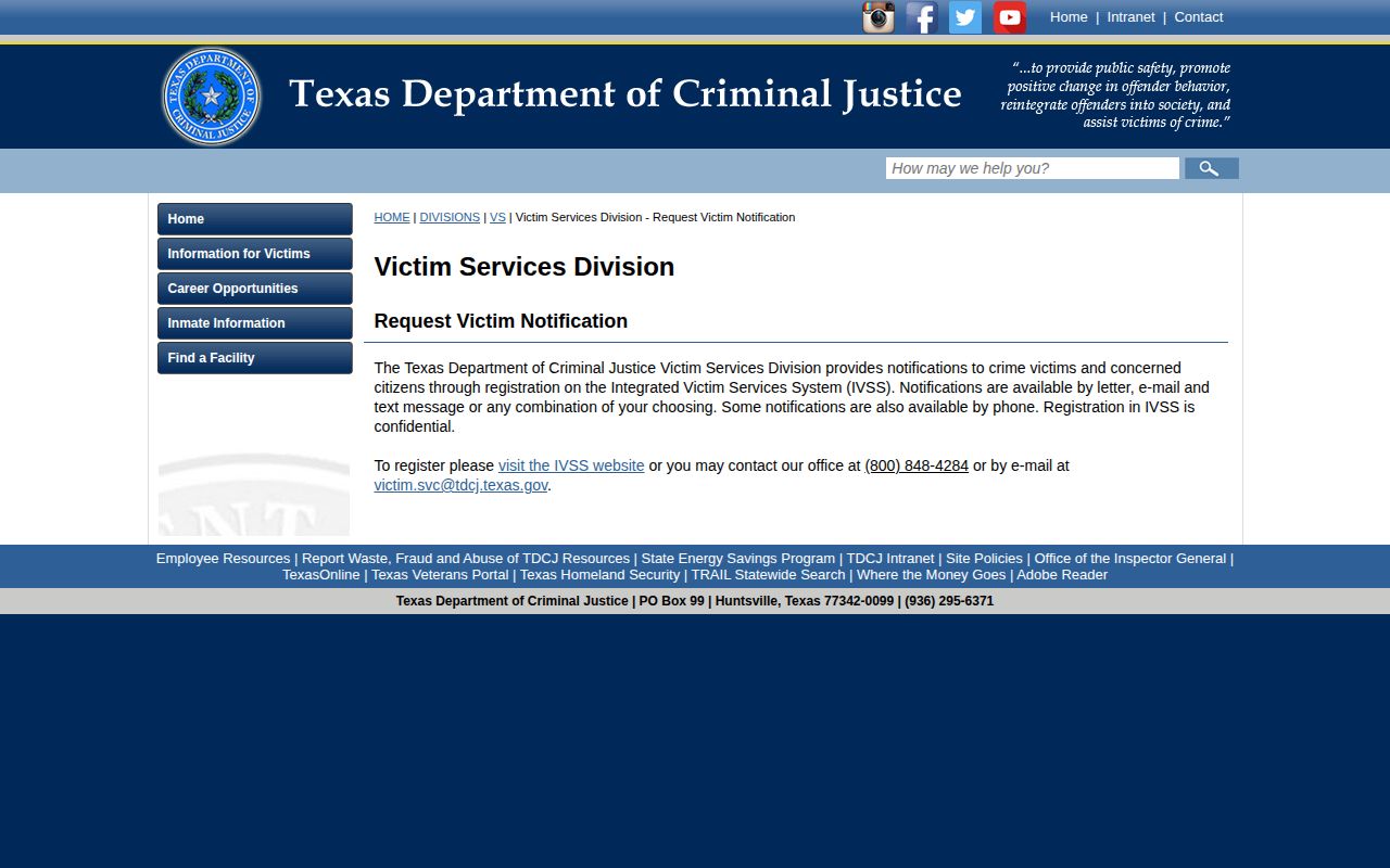 Brooks County state release notification routes through TDCJ IVSS
